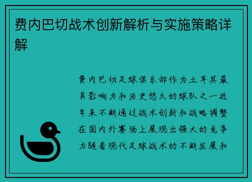 费内巴切战术创新解析与实施策略详解