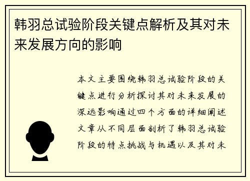 韩羽总试验阶段关键点解析及其对未来发展方向的影响