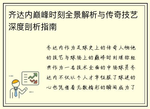 齐达内巅峰时刻全景解析与传奇技艺深度剖析指南